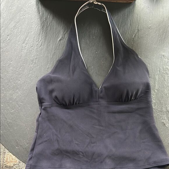 Land's End Plus Size tankini halter Deep V Neck navy blue white piping size 14P - Picture 1 of 9